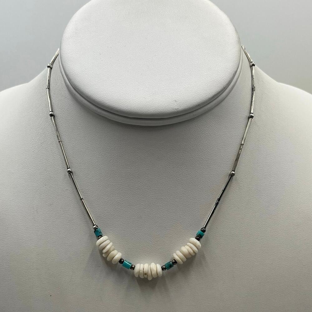 Vintage Southwestern Sterling Silver Turquoise and Shell Beaded Choker‎ Necklace